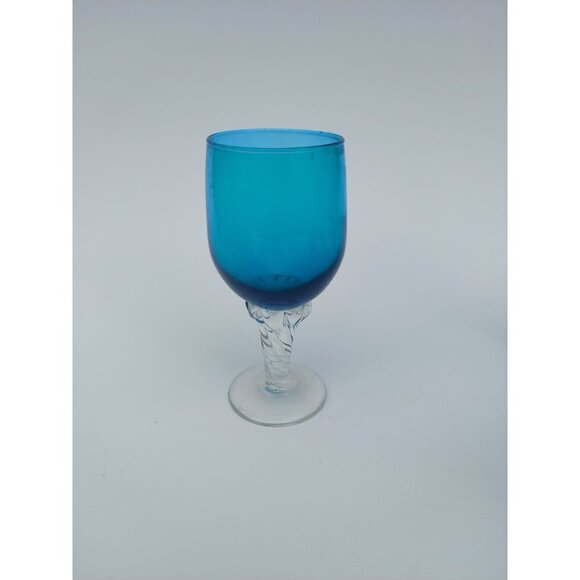 5 Peacock Blue Glass Cordials w/ Clear Twist Stem Turquoise - Picture 3 of 4